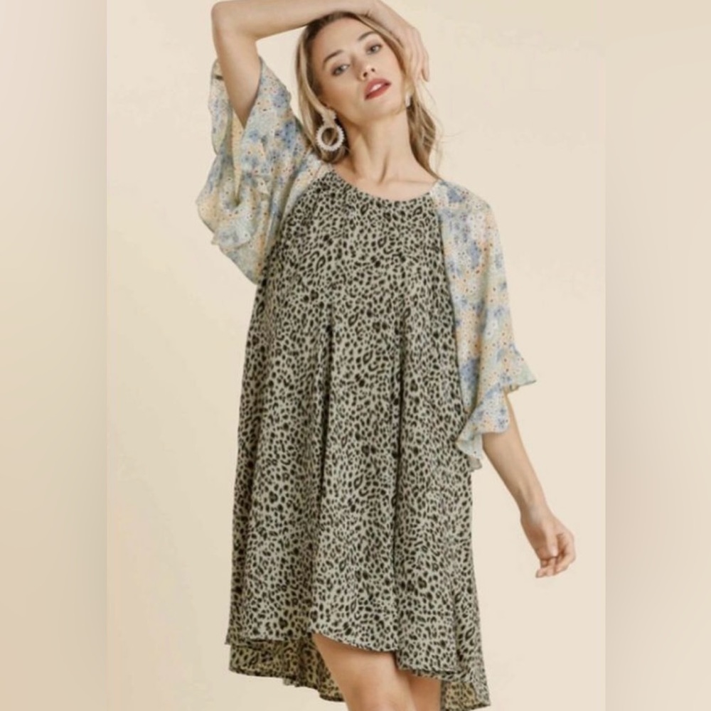UMGEE Boho Wide Sleeve Floral Animal Print Flowy Mini Dress Women’s Small